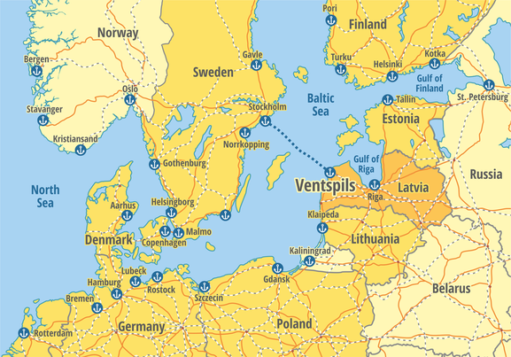 Map displaying Northern Europe with a focus on the Baltic Sea region, highlighting Sweden, Norway, Denmark, Germany, Poland, Lithuania, Latvia, Estonia, Finland, and parts of Russia. Major cities like Stockholm, Oslo, and Copenhagen are marked, along with transportation routes including roads and ferry lines, such as the one between Norrköping and Ventspils. The terrain is color-coded to indicate elevation differences.