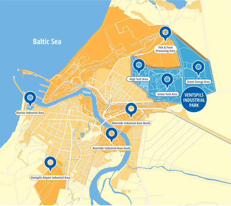 Map highlighting the various industrial areas within Ventspils, Latvia, including Marina, Riverside, High Tech, and Green Energy sectors, with the Baltic Sea to the north.