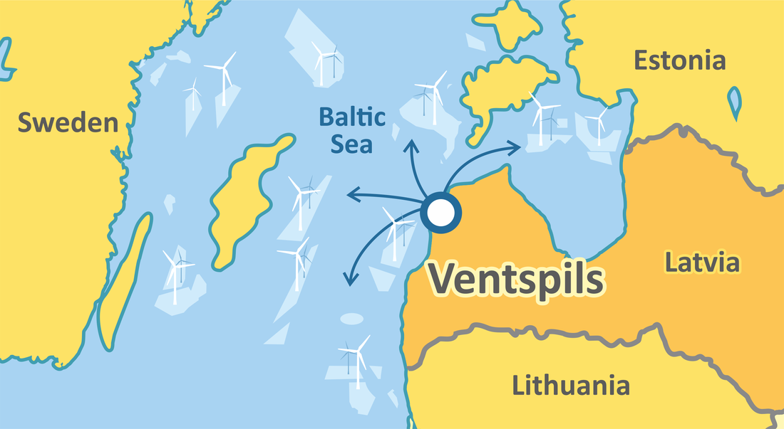 Stylized map showing Ventspils' location in Latvia on the Baltic Sea, with arrows indicating wind direction and wind turbines, symbolizing the area's focus on green energy.