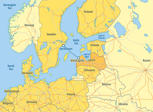 Map of the Baltic Regin showing road and overseas transport connections from Ventspils